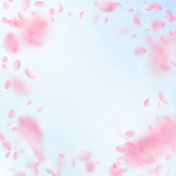 桜の花びらが落ちています ロマンチックなピンクの花は ビネットします 青い空の正方形の背景に花びらを飛んでいます ロマンス概念 絶妙な結婚式招待状 — ストック写真