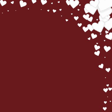 Beyaz kalp konfetileri sever. Sevgililer Günü 'nün orjinal arka planı. Dökülen kağıt kalpler, kestane rengi arka planda konfeti. Hoş vektör illüstrasyonu.