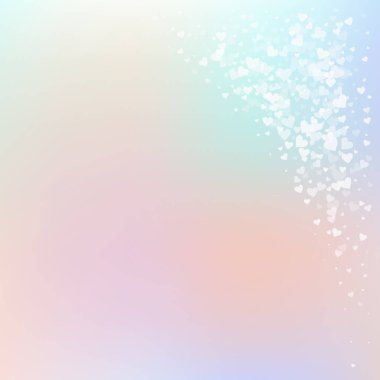 Beyaz kalp konfetileri sever. Sevgililer Günü köşesi arka planı. Şeffaf kalp konfetileri yumuşak arka planda. Duygusal vektör illüstrasyonu.