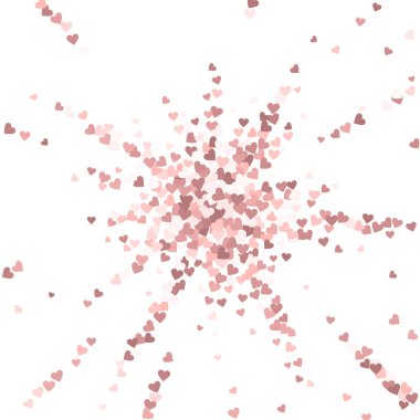 Pembe kalp aşk konfetileri. Sevgililer Günü patlaması çok enerjik bir geçmiş. Düz kalp konfetisi beyaz arka planda. Uygun vektör illüstrasyonu.