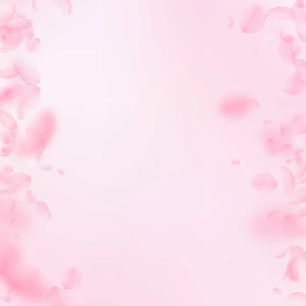 桜の花びらが落ちてきた ロマンチックなピンクの花の境界線 ピンクの四角形の背景に花びらを飛んで 恋愛概念 結婚式の招待状を出す — ストック写真