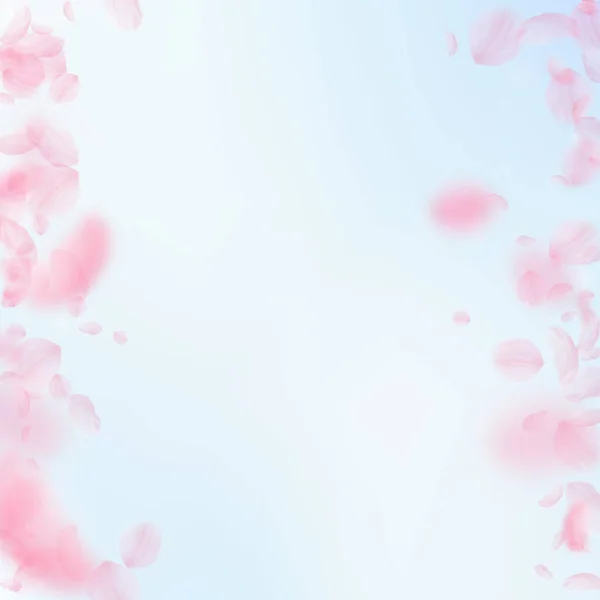Σακούρα Πέταλα Πέφτουν Κάτω Ρομαντικό Ροζ Λουλούδια Σύνορα Πεταλούδες Μπλε — Φωτογραφία Αρχείου