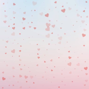 Kırmızı kalp konfetileri sever. Sevgililer Günü 'nde yağan yağmurlar arka planda. Hassas arka planda şeffaf kalp konfetileri. İlginç vektör illüstrasyonu.