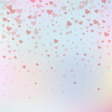 Kırmızı kalp konfetileri sever. Sevgililer Günü gradyanı takdire şayan. Renk geçiş geçmişinde şeffaf kalp konfetileri düşüyor. Enfes vektör çizimi.