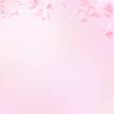 Sakura yaprakları aşağı düşen. Romantik pembe çiçekler degrade. Yaprakları pembe kare arka plan üzerinde uçan. Aşk, romantizm kavramı. Muhteşem düğün davetiyesi.