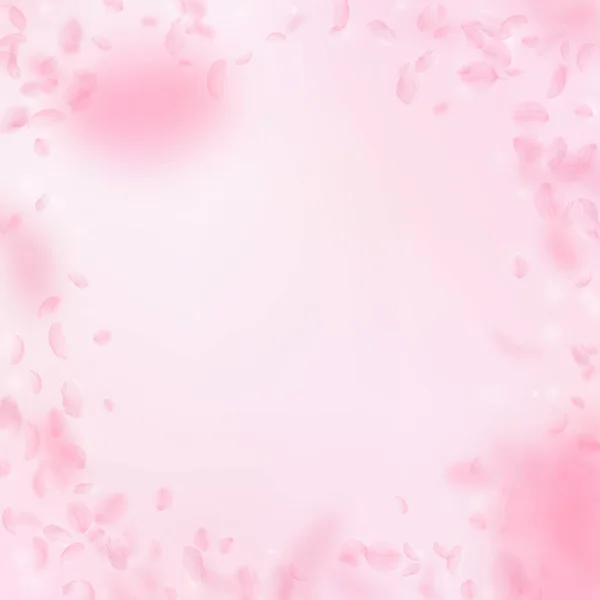 樱花花瓣落下 浪漫的粉红色花朵的插图 粉红色正方形背景上的花瓣 浪漫的概念 额外的婚礼请柬 — 图库照片
