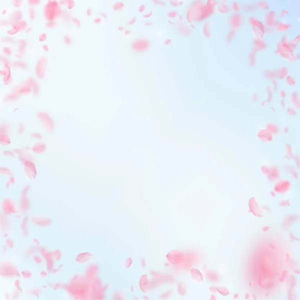 桜の花びらが落ちています ロマンチックなピンクの花のフレーム 青い空の正方形の背景に花びらを飛んでいます ロマンス概念 注目の結婚式招待状 — ストック写真