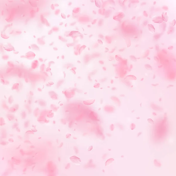 桜の花びらが落ちています ロマンチックなピンクの花のグラデーション ピンクの正方形の背景に花びらを飛んでいます ロマンス概念 かわいい結婚式招待状 — ストック写真