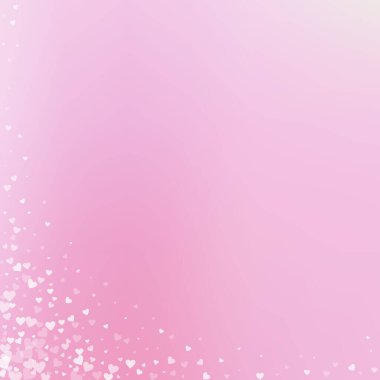 Beyaz kalp konfetileri sever. Sevgililer günü köşesinde nefis bir geçmişi var. Gradyan arka planda şeffaf kalp konfetileri düşüyor. Büyüleyici vektör çizimi.