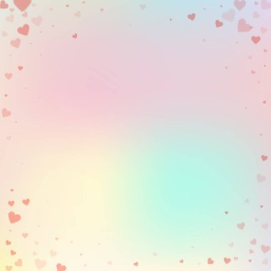 Kırmızı kalp konfetileri sever. Sevgililer Günü 'nün yaratıcı geçmişi. Gradyan arka planda şeffaf kalp konfetileri düşüyor. Düzgün vektör illüstrasyonu.