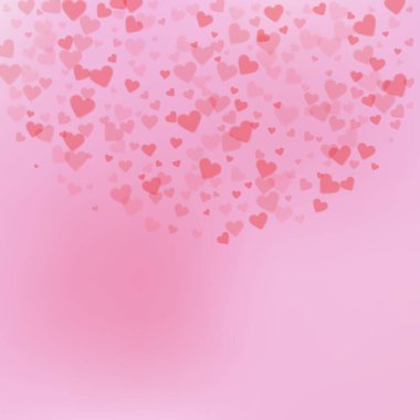 Kırmızı kalp konfetileri sever. Sevgililer Günü yarım daire büyüleyici bir geçmiş. Gradyan arka planda şeffaf kalp konfetileri düşüyor. Göz kamaştırıcı vektör illüstrasyonu.