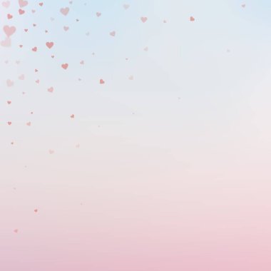 Kırmızı kalp konfetileri sever. Sevgililer Günü 'nün klasik arka planı. Gradyan arka planda şeffaf kalp konfetileri düşüyor. Seçkin vektör çizimi.