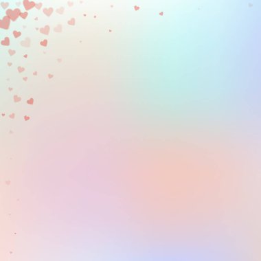 Kırmızı kalp konfetileri sever. Sevgililer günü köşesi güzel bir geçmiş. Gradyan arka planda şeffaf kalp konfetileri düşüyor. Hassas vektör illüstrasyonu.