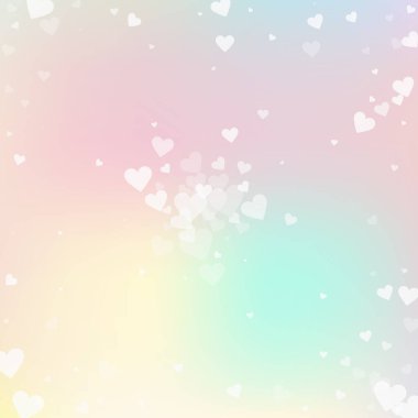 Beyaz kalp konfetileri sever. Sevgililer Günü patlaması hoş bir arka plan. Yumuşak arka planda şeffaf kalp konfetileri. Klas vektör illüstrasyonu.