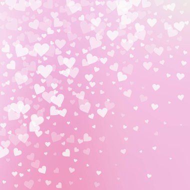 Beyaz kalp konfetileri sever. Sevgililer Günü gradyan cesur arka plan. Şeffaf kalp konfetileri yumuşak arka planda. Göz kamaştırıcı vektör illüstrasyonu.