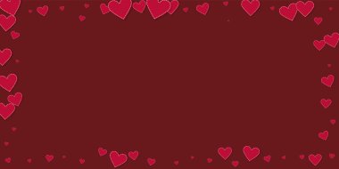 Kırmızı kalp konfetileri sever. Sevgililer Günü hayal gücü geçmişi. Dökülen kağıt kalpler, kestane rengi arka planda konfeti. Enerjik vektör çizimi.