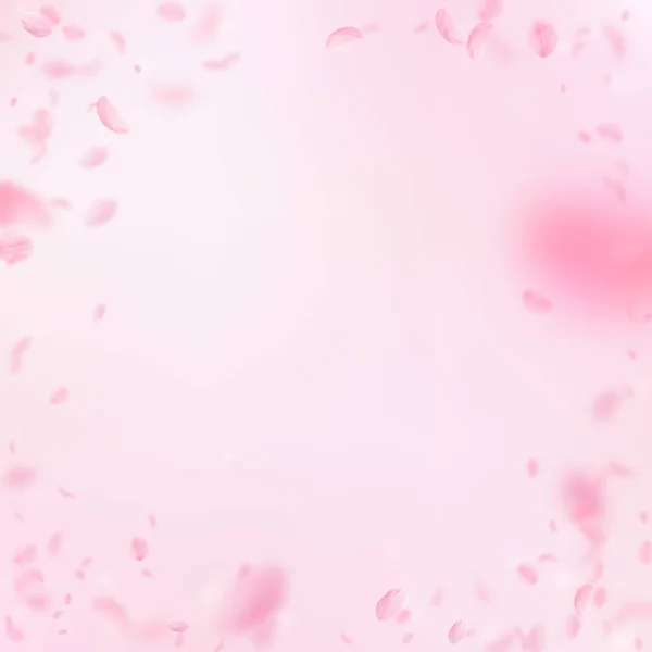 桜の花びらが落ちてきた ロマンチックなピンクの花のヴィネット ピンクの四角形の背景に花びらを飛んで 恋愛概念 信じられない結婚式の招待状 — ストック写真