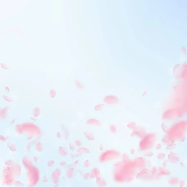 桜の花びらが落ちてきた ロマンチックなピンクの花が降る雨 青い空の広場の背景に花びらを飛んで 恋愛概念 結婚式の招待状 — ストック写真