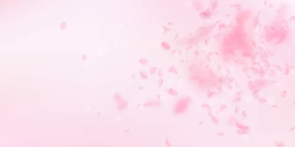 樱花花瓣落下 浪漫的粉红色花朵爆炸 在粉红色的宽背景上的飞行花瓣 浪漫的概念 可爱的婚礼请柬 — 图库照片