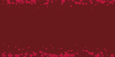 Kırmızı kalp konfetileri sever. Sevgililer Günü hayal gücü geçmişi. Dökülen kağıt kalpler, kestane rengi arka planda konfeti. Düzgün vektör illüstrasyonu.