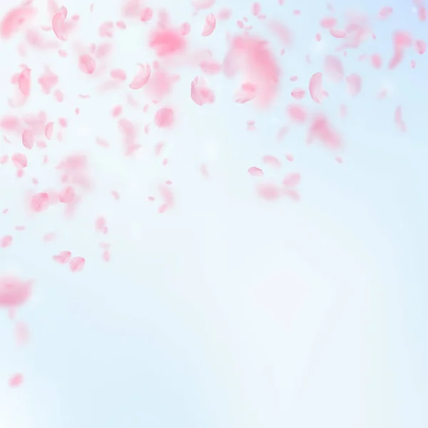 桜の花びらが落ちています ロマンチックなピンクの花は 雨が降っています 青い空の正方形の背景に花びらを飛んでいます ロマンス概念 忘れられない結婚式招待状 — ストック写真