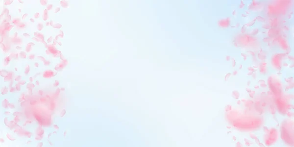 Лепестки Сакуры Падают Романтические Розовые Цветы Границы Летающие Лепестки Голубом — стоковое фото
