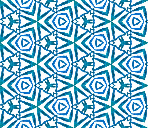 Patrón Sin Costura Follaje Geométrico Azul Ornamento Acuarela Dibujado Mano — Foto de Stock