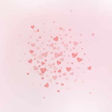 Kırmızı kalp konfetileri sever. Sevgililer Günü patlaması harika bir geçmiş. Şeffaf kalp konfetileri yumuşak arka planda. Uygun vektör illüstrasyonu.