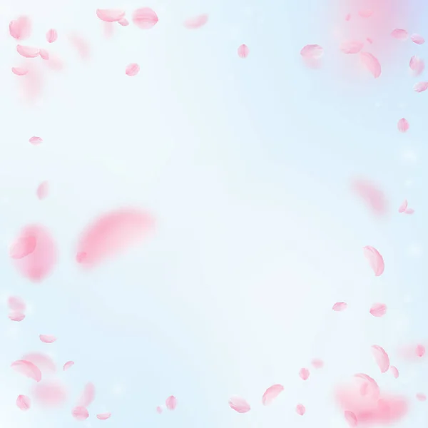 桜の花びらが落ちています ロマンチックなピンクの花は ビネットします 青い空の正方形の背景に花びらを飛んでいます ロマンス概念 有利な結婚式招待状 — ストック写真