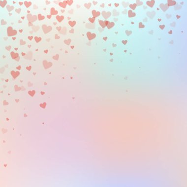 Kırmızı kalp konfetileri sever. Sevgililer Günü yağmurun yağışlı arka planı. Gradyan arka planda şeffaf kalp konfetileri düşüyor. İlginç vektör illüstrasyonu.