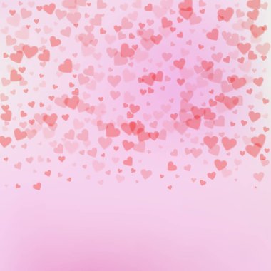 Kırmızı kalp konfetileri sever. Sevgililer Günü gradyanı hoş bir arka plan. Hassas arka planda şeffaf kalp konfetileri. Egzotik vektör illüstrasyonu.