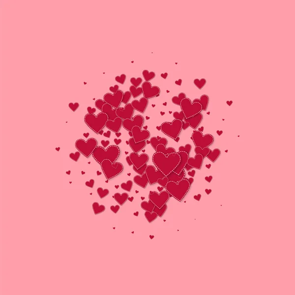 赤いハートの愛の告白 バレンタインデーの爆発きちんとした背景 ピンクの背景に縫い付けられた紙のハートのコンフェッティが落ちる ベクトル図 — ストックベクタ