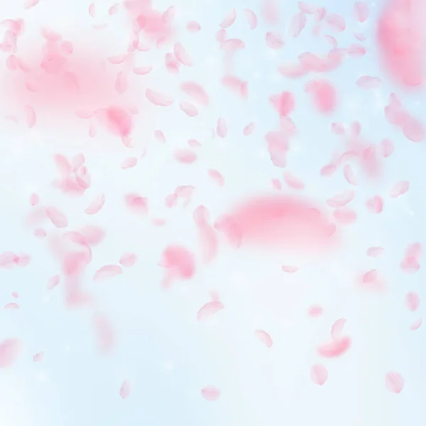 樱花花瓣落下 浪漫粉红色的花朵渐变 在蓝天广场的背景下飞翔的花瓣 浪漫的概念 值得的婚礼请柬 — 图库照片