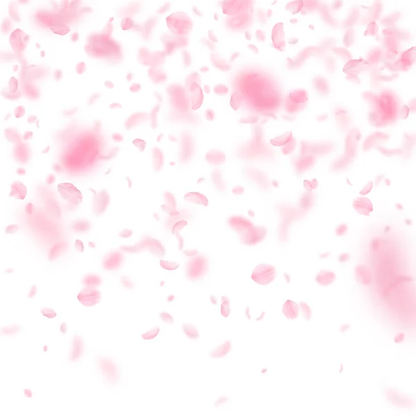 桜の花びらが落ちています ロマンチックなピンクの花のグラデーション 白い正方形の背景に花びらを飛んでいます ロマンス概念 麗しの結婚式招待状 — ストック写真