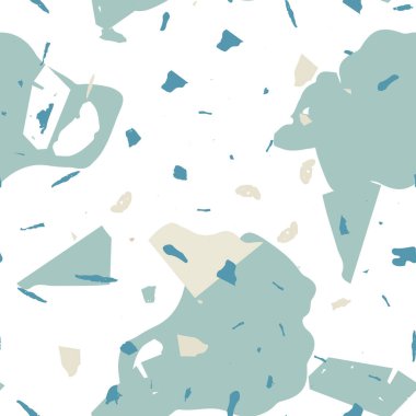 Terrazzo kusursuz desen. Mavi klasik döşeme dokusu. Terrazzo pürüzsüz desenli, serin renklerde. Doğal taşlardan, granitten, kuvarstan, mermerden, betondan yapılmış arkaplan. 