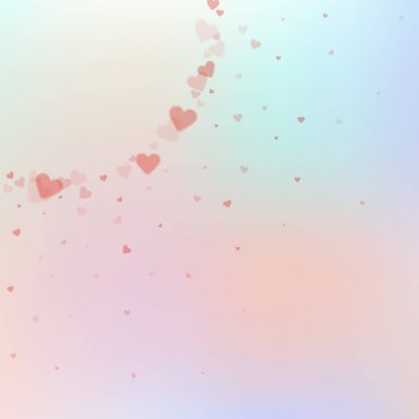 Kırmızı kalp konfetileri sever. Sevgililer günü köşesi pozitif arka plan. Düşen şeffaf kalp konfetileri göze çarpmıyor. Dramatik vektör illüstrasyonu.