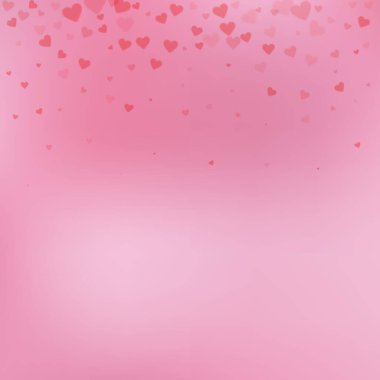 Kırmızı kalp konfetileri sever. Sevgililer Günü gradyanı harika bir geçmiş. Düşen şeffaf kalp konfetileri göze çarpmıyor. Enerjik vektör çizimi.