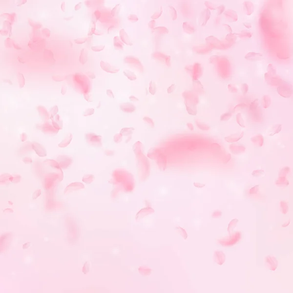 桜の花びらが落ちています ロマンチックなピンクの花のグラデーション ピンクの正方形の背景に花びらを飛んでいます ロマンス概念 麗しの結婚式招待状 — ストック写真