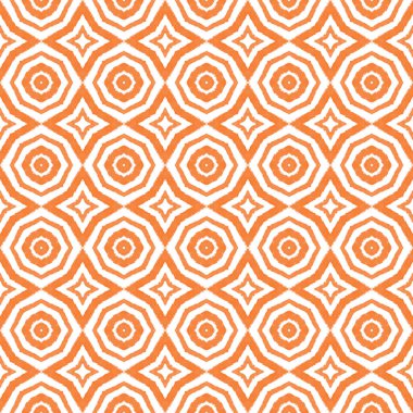 Tekrar eden mayo tasarımı. Turuncu simetrik kaleydoskop arka planı. Yaz çöreği şekeri desenli. Tekstil hazır ilahi baskı, mayo kumaş, duvar kağıdı, ambalaj..