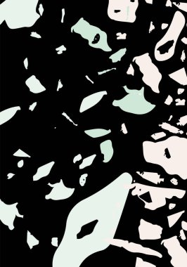 Terrazzo modern soyut şablon. Klasik İtalyan döşemesinin siyah, yeşil ve pembe dokusu. Venedik terrazzo trend vektör arka planı Taşlardan, granitten, kuvarstan, mermerden, betondan yapılmış. 