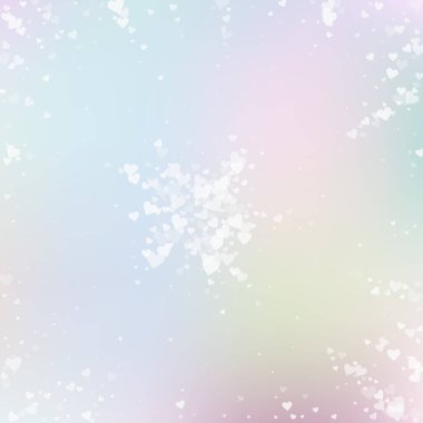 Beyaz kalp konfetileri sever. Sevgililer Günü patlaması popüler bir geçmiş. Şeffaf kalp konfetileri yumuşak arka planda. Klas vektör illüstrasyonu.