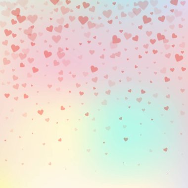 Kırmızı kalp konfetileri sever. Sevgililer Günü gradyanı inanılmaz. Düşen şeffaf kalp konfetileri göze çarpmıyor. Enfes vektör çizimi.