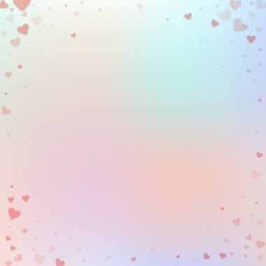 Kırmızı kalp konfetileri sever. Sevgililer Günü 'nün güzel bir geçmişi var. Hassas arka planda şeffaf kalp konfetileri. Düzgün vektör illüstrasyonu.