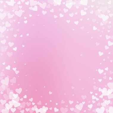 Beyaz kalp konfetileri sever. Sevgililer Günü 'nün eğlenceli bir geçmişi var. Gradyan arka planda şeffaf kalp konfetileri düşüyor. Düzgün vektör illüstrasyonu.