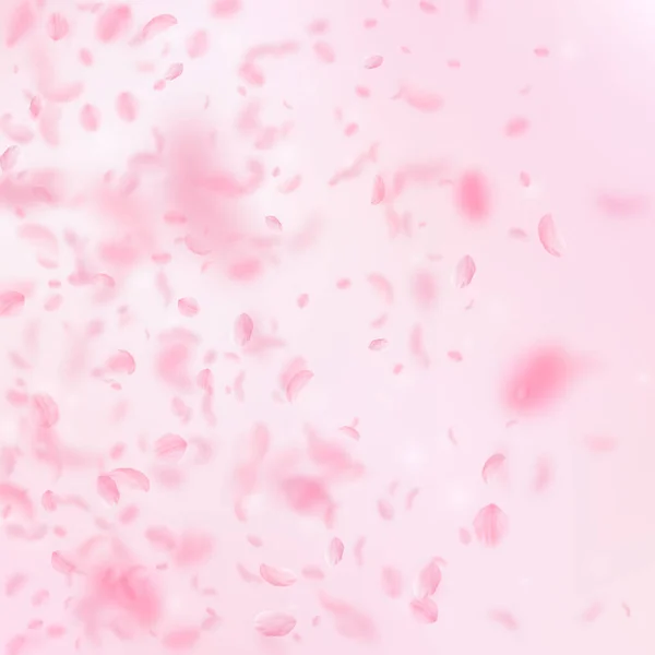 桜の花びらが落ちてきた ロマンチックなピンクの花のグラデーション ピンクの四角形の背景に花びらを飛んで 恋愛概念 結婚式の招待状 — ストック写真