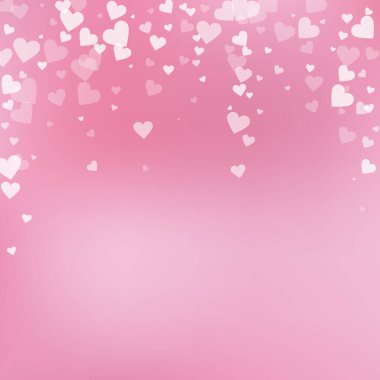 Beyaz kalp konfetileri sever. Sevgililer Günü 'nün yağışlı bir geçmişi var. Gradyan arka planda şeffaf kalp konfetileri düşüyor. Cool vektör illüstrasyonu.