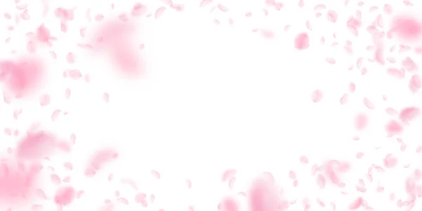 桜の花びらが落ちてきた ロマンチックなピンクの花のヴィネット 白地に花弁が飛び交う 恋愛概念 結婚式の招待状 — ストック写真