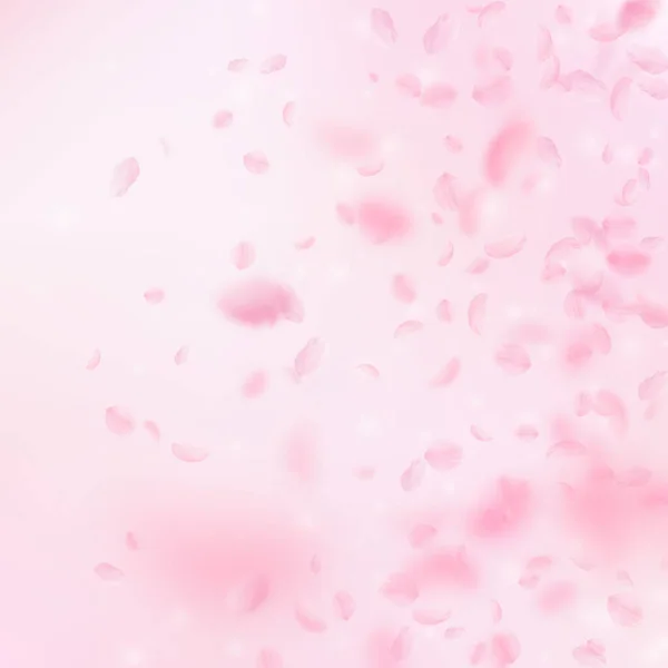 桜の花びらが落ちています ロマンチックなピンクの花のグラデーション ピンクの正方形の背景に花びらを飛んでいます ロマンス概念 素晴らしい結婚式の招待状 — ストック写真