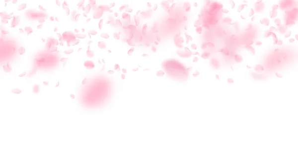 桜の花びらが落ちてきた ロマンチックなピンクの花のグラデーション 白地に花弁が飛び交う 恋愛概念 圧倒的な結婚式の招待状 — ストック写真