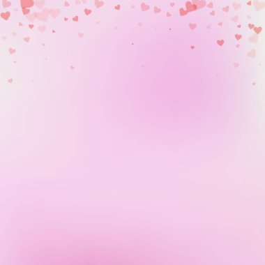 Kırmızı kalp konfetileri sever. Sevgililer Günü gradyan büyüleyici arka plan. Gradyan arka planda şeffaf kalp konfetileri düşüyor. Egzotik vektör illüstrasyonu.